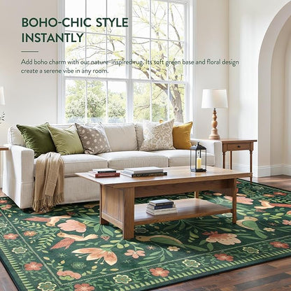 Moynesa Area Rugs 9x12 Green Vintage Home Decor, Modern Cottage Farmhouse Aesthetic Floral Bird Medallion Carpet for for Living Room Bedroom Dining Room,Non-Slip Washable Floor Protection