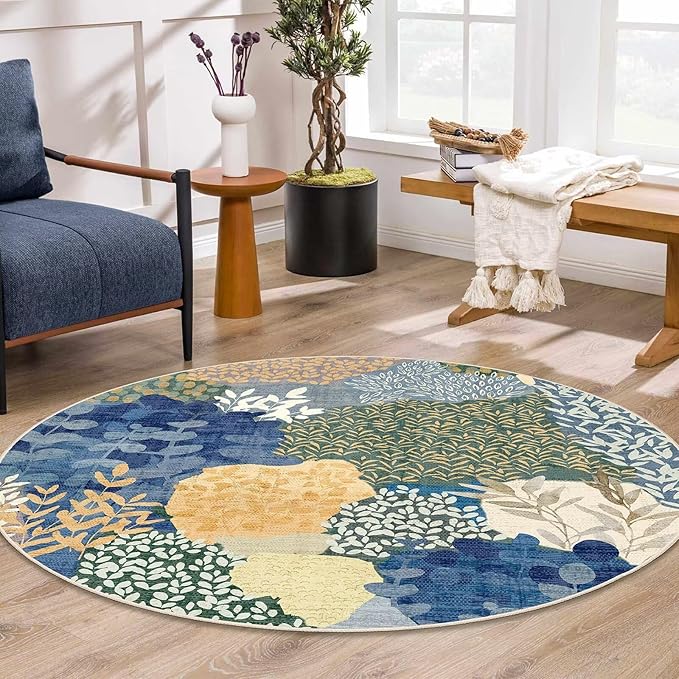 DEXDE Round Rug 5ft Washable Circle Area Rugs Non Slip Low Pile Boho Floral Large Circular Carpet for Bedroom Bathroom Entryway Kids Room Office Dining Room,Blue