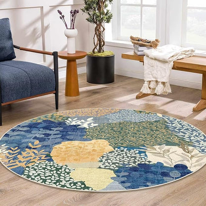DEXDE Round Rug 5ft Washable Circle Area Rugs Non Slip Low Pile Boho Floral Large Circular Carpet for Bedroom Bathroom Entryway Kids Room Office Dining Room,Blue