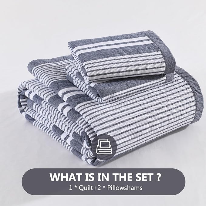 100% Cotton Quilt Set King Size, King Quilt Bedding Set, Waffle Texture Quilt Bedspread for King Bed, Striped Reversible Bed Spread Lightweight Comforter, 3Pcs, Slate Gray