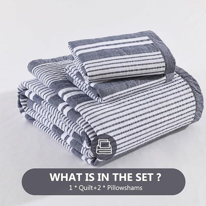 100% Cotton Quilt Set King Size, King Quilt Bedding Set, Waffle Texture Quilt Bedspread for King Bed, Striped Reversible Bed Spread Lightweight Comforter, 3Pcs, Slate Gray