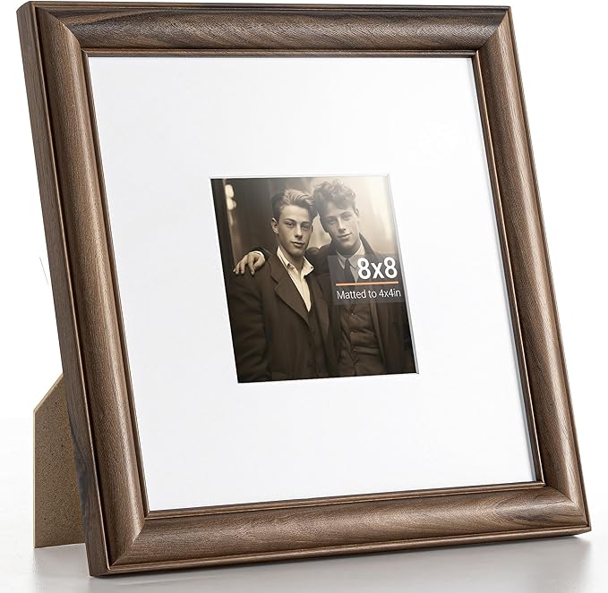 Heimlove 8x8 Picture Frame,8 x 8 Natural Solid Walnut Wood Square Frame with Tempered Glass,8"x8" Handcrafted Wood Frame Matted to 4x4 Photos for Wall or Tabletop Art Photo and Prints,1 Pack