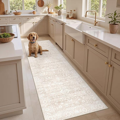 Washable Runner Rug, 2.5'x8' Runners Vintage Kitchen Non-Slip Foldable Hallway Runner Rug for Entryway, Laundry, Bedroom, Beige
