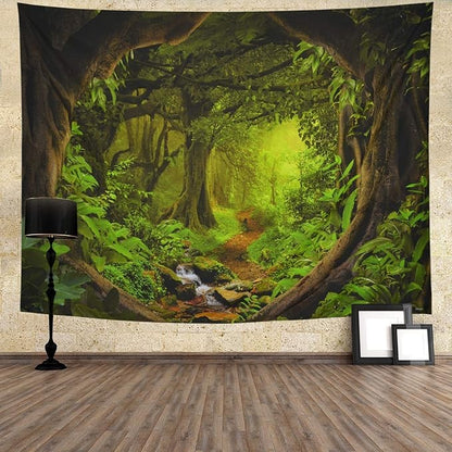 Tushelia Forest TreeTapestry Tree of Life Tapestries Nature Landscape Wall Decor Stream Through Rainforest Tapestry Wall Hanging for Living Room