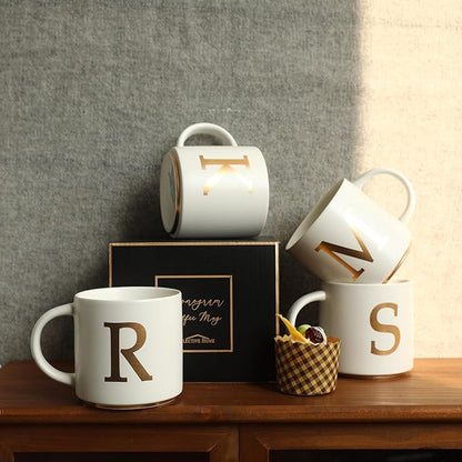 COLLECTIVE HOME - Monogram Ceramic Mugs, 15 oz Golden Initial Coffee Cups, Elegant Alphabet Tea Mugs, Elegant Personalized Mug with Gift Box, Unique Mug with Double Side Capital Letter (R)
