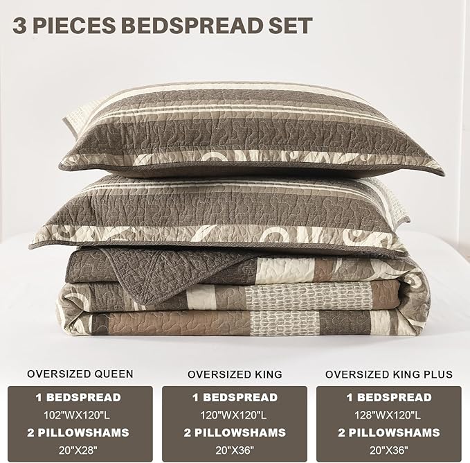 Lightweight Queen Bedspreads 120x102, 100% Cotton Oversized Quilt, Striped Botanical Pattern Coverlet, Reversible Farmhouse Quilted Bedding Set 3 Piece, Brown/Beige