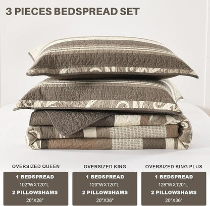 Lightweight King Bedspreads 128x120, 100% Cotton Oversized Quilt, Striped Botanical Pattern Coverlet, Reversible Farmhouse Quilted Bedding Set 3 Piece, Brown/Beige