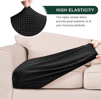 CHUN YI 3Piece Stretch Couch Cushion Covers, Sofa Seat Slipcovers for Pets, Suitable for Armchair Loveseat Sofa with Spandex Jacquard Washable Fabric(3Piece,Black)