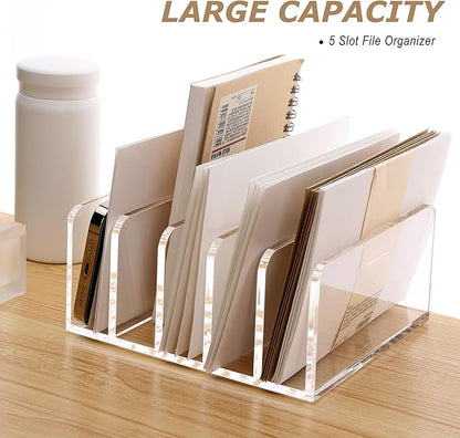 SANRUI Acrylic Desk File Organizer Holder, 5 Upright Clear Desktop Mails Sorter Document Magazine Storage Organization Letter Folder Racks for Home, Office & Classroom