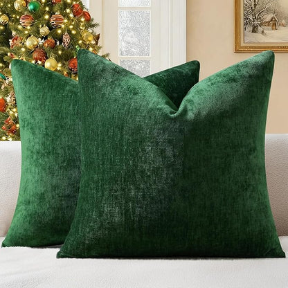decorUhome Chenille Christmas Green Throw Pillow Covers 18x18 Inch Set of 2, Decorative Soft Couch Pillow Covers Solid Dyed Accent Farmhouse Neutral Square Pillow Cases for Sofa