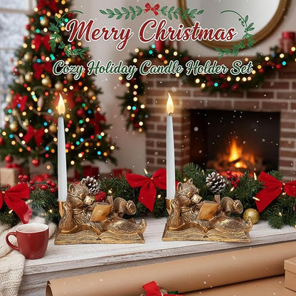 Gold Animal Candle Holders - Bear Set of 2 Vintage Rustic Pedestal Candlesticks, Easter Decorations, Centerpieces for Fireplace Mantle & Dining Table
