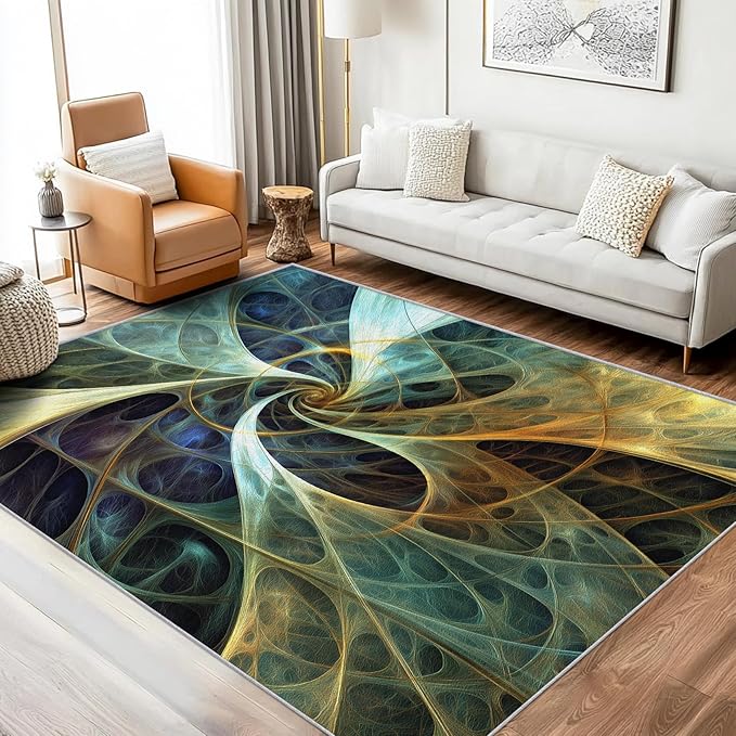 Fractal Art Rug 8x10, Washable Abstract Swirl Rugs for Living Room Bedroom, Optical Illusion Area Rug for Home Decor, Non Slip Backing Floor Carpet with Gripper - 8 x 10 ft