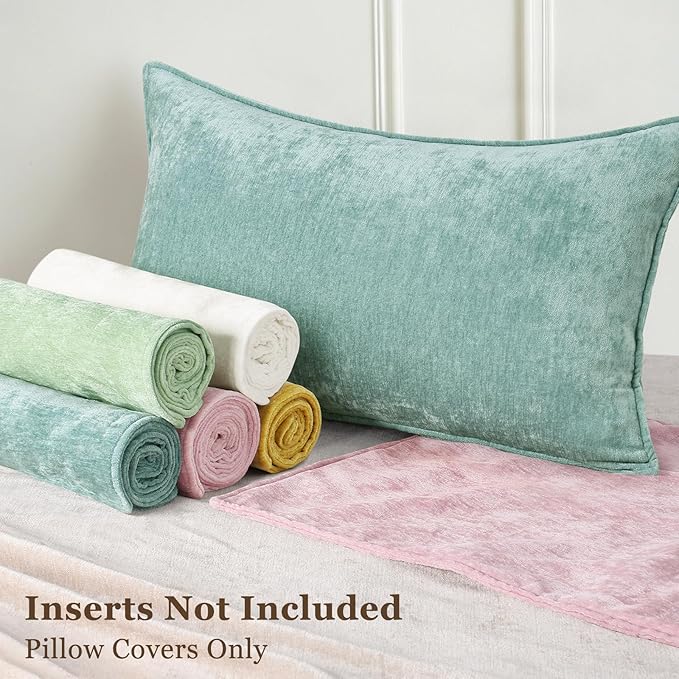 decorUhome Spring Couch Euro Sham Throw Pillow Covers 24x24 Set of 2, Decorative Soft Velvet Neutral Chenille Pillow Covers with Elegant Design for Sofa Bed Living Room Home Decor, Aqua Haze