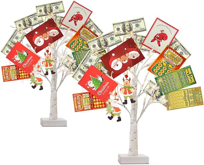 PEIDUO Set of 2 Money Trees, Lighted 22Inch 24LT White Birth Tree with Clips and Greeting Cards, Gift Card Holder for Birthday,Christmas, Wedding, Father's Day Graduation Gifts, Money Tree Gift Holder