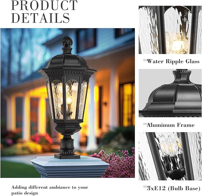Emliviar Exterior 3-Light E12 Base Post Lamp Outdoor Light Fixture for Walkway, 30.8" Vintage Lamp Post Outdoor Lighting, Matte Black with Water Ripple Glass Shade, XE304P BK-SW