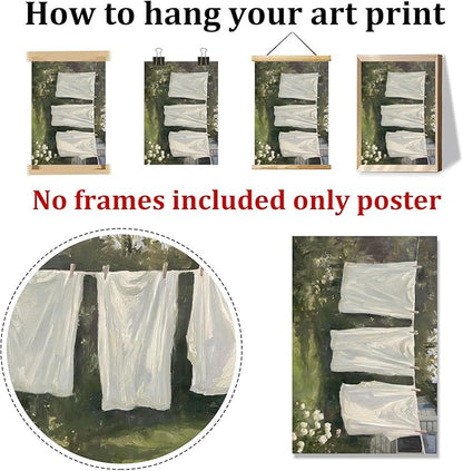Farmhouse Laundry Picture Vintage Garden Painting Clothesline Canvas Art Cozy Cottage Prints Spring Landscape Artwork Laundry Day Poster Victorian Farmhouse Wall Art for Living Room 16x24in No Frame