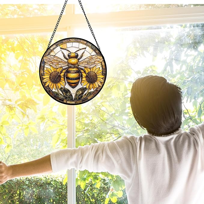 DASTOLL Stained Glass Window Hanging - Bee Sunflower Yellow Suncatcher Ready to Hang Window Doors Home Decoration and Christmas, Mother's Day Birthday Gifts for Women, Men, and Mom 6.3x6.3 in
