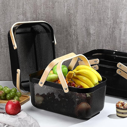 Sadnyy 4 Pcs Plastic Mesh Garden Harvest Basket Storage Basket with Wooden Handle Multi Functional Mesh Bin for Kitchen Cabinet Picnic Fruit Vegetable Gathering Organizer(Large,Black)
