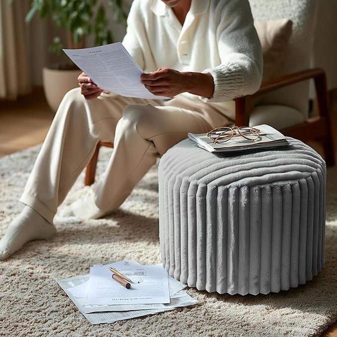 Luxury Round Stuffed Floor Poufs Ottoman, Stripe Faux Fur Footrest with Dual Layer Comfort, Removable Washable Cover, 20"x15" Plush Pouf Shaggy Stool for Living Room Bedroom, Gray