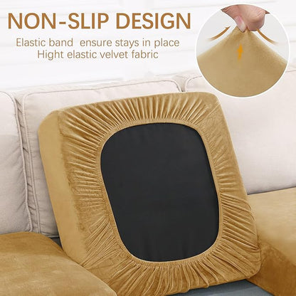 hyha Velvet Couch Cushion Covers, Soft Sofa Seat Covers for sectional Cushion Couch Washable, Magic Sofa Slipcover with Elastic Bottom, Non-Slip Furniture Protector for Pets, Kid(Small, Camel)