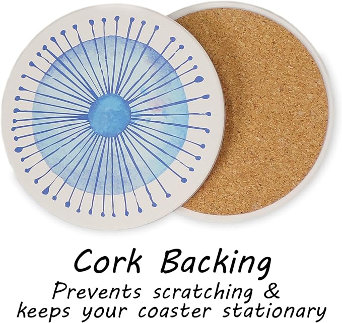 AD Set of 6 Coasters for Drinks Absorbing Round Ceramic Stone Coaster with Cork Base,Tabletop Protection Mat for Mugs and Cups,Office,Kitchen (Blue Watercolor Series)
