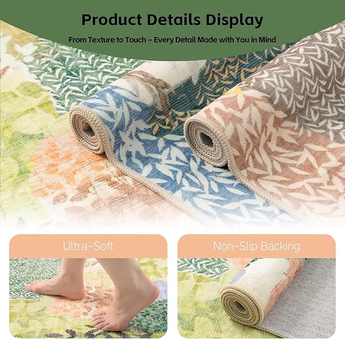 DEXDE Round Rug 6ft Washable Circle Area Rugs Non Slip Low Pile Boho Floral Large Circular Carpet for Bedroom Bathroom Entryway Kids Room Office Dining Room,Green