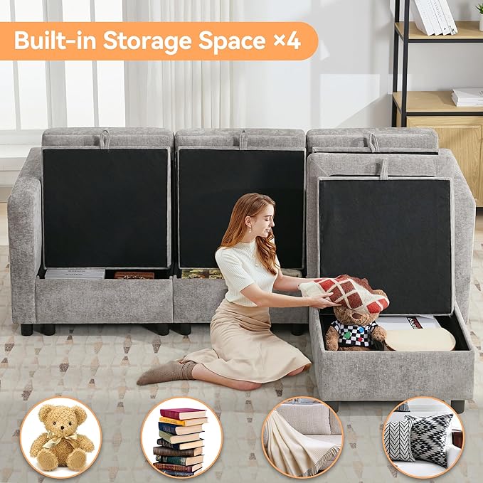 83' Modular Sectional Sofa Convertible L Shaped Couch Set for Living Room, 4 Seat Storage Modular Sofa with Movable Ottoman, Chenille(Light Grey)
