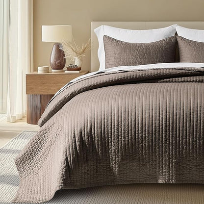 EVERGRACEHOME Cotton Sateen Quilt Set King Size, Pre-Washed Cotton Channel Stitch Coverlet Bedspread, 3 Pieces Lightweight Soft Bedding Sets for All Season, with 2 Pillow Shams, Mocha Brown