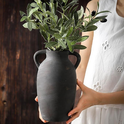Terracotta Farmhouse Flower Vase, 9.6 Inch Ceramic Rustic Vase with 2 Handles, Decorative Vase Boho Decor for Home Decor, Table, Living Room, Shelf Decoration