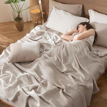 MooMee Muslin Blanket - 100% Cotton 4-Layer Gauze Throw Blanket with Tassels Ultra-Soft Breathable Lightweight Cooling for Bed Couch (Cream Grey,Oversized Queen 98" x 98")