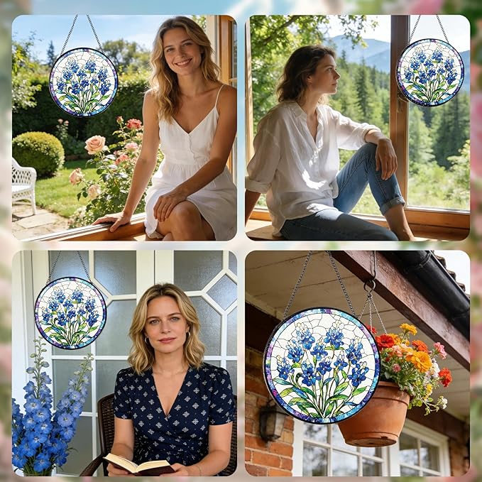 Rngmsi Stained Glass Window Hanging, Forget-Me-Not Sun Catcher Gift for Housewarming, Forget Me Not Suncatchers Gifts for Plant Lover Friends Home Decor 8 Inch