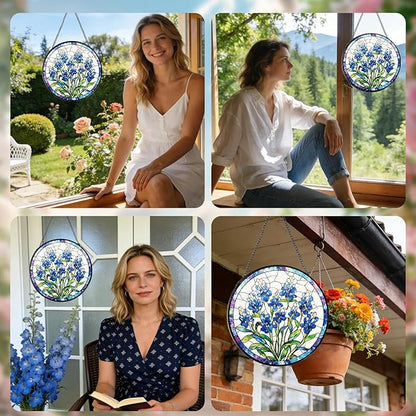 Rngmsi Stained Glass Window Hanging, Forget-Me-Not Sun Catcher Gift for Housewarming, Forget Me Not Suncatchers Gifts for Plant Lover Friends Home Decor 8 Inch