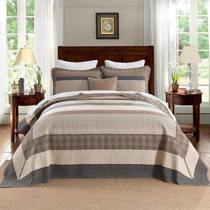 EWlinens Oversized King Bedspread Set 120"x120" - 100% Cotton Extra Large Quilts King Size, Farmhouse Patchwork Striped Plaid Bedspreads with 2 Pillow Shams, All Season, Dark Brown/Beige/Gray