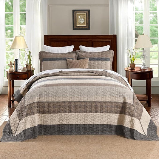 EWlinens Oversized California King Bedspread Set 120"x128" - 100% Cotton Extra Large Quilts Cal King Size, Farmhouse Patchwork Striped Plaid Bedspreads for All Season, 3 Pieces, Dark Brown/Beige/Gray