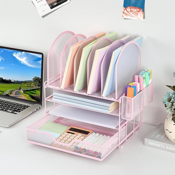 Desk Organizers and Accessories with Drawer, File Organizer with 5 Vertical File Holders and Pen Holders, Office Desk Accessories Workspace Desktop Organizers for Office Supplies (Pink)