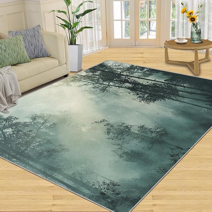Forest Rug for Living Room, Misty Forest 2x3 Area Rug Natural Landscape Rug for Bedroom Non-Slip Indoor Floor Carpet, Low Pile Resistant Carpet for Dining Room, Office, Home Decor