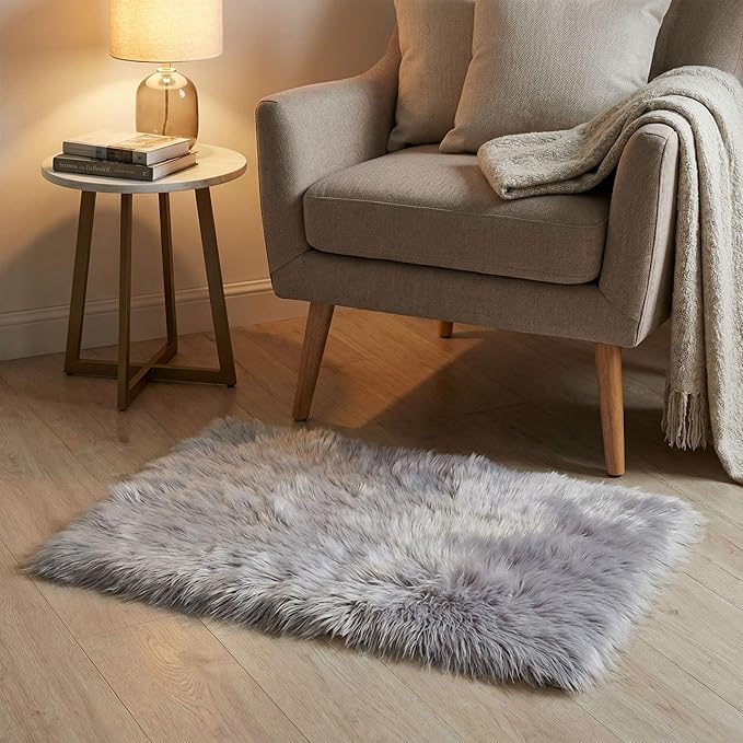 2 x 3 ft Fluffy Gray Rug – Soft Faux Fur Rug for Bedroom, Living Room, or Entryway – Cozy Faux Sheepskin Accent for Home Decor