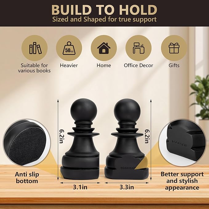 Chess Book Ends for Shelves – Elegant Decorative Bookends for Heavy Books, Office & Living Room Decor – Modern Shelf Organizer and Gift for Book Lovers by ROOKMATE (Black Mate, Pawn Duo)