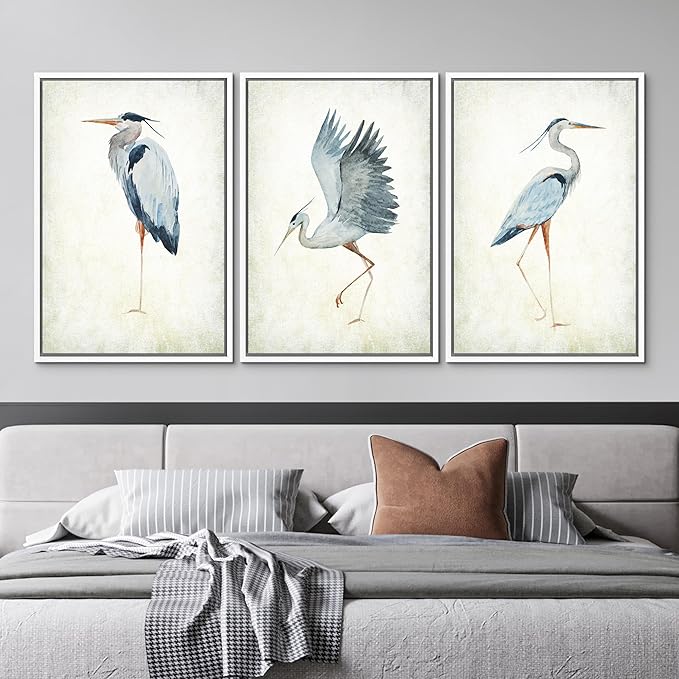 MUDECOR Framed Canvas Print Wall Art Heron Bird Wild Animal Prints Minimalist Modern Art Boho Relax Cozy Decor for Bedroom - 16"x24"x3 White