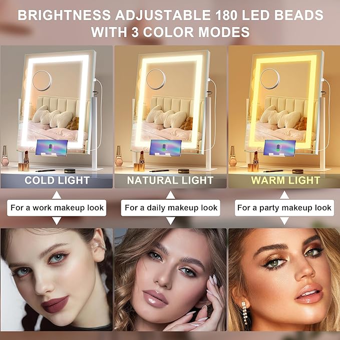 STARLEAD 16" x 12" Makeup Mirror with Lights and 10X Magnification, 3-Color Dimmable LED Lighting & Touch Control for Travel/Dressing Room