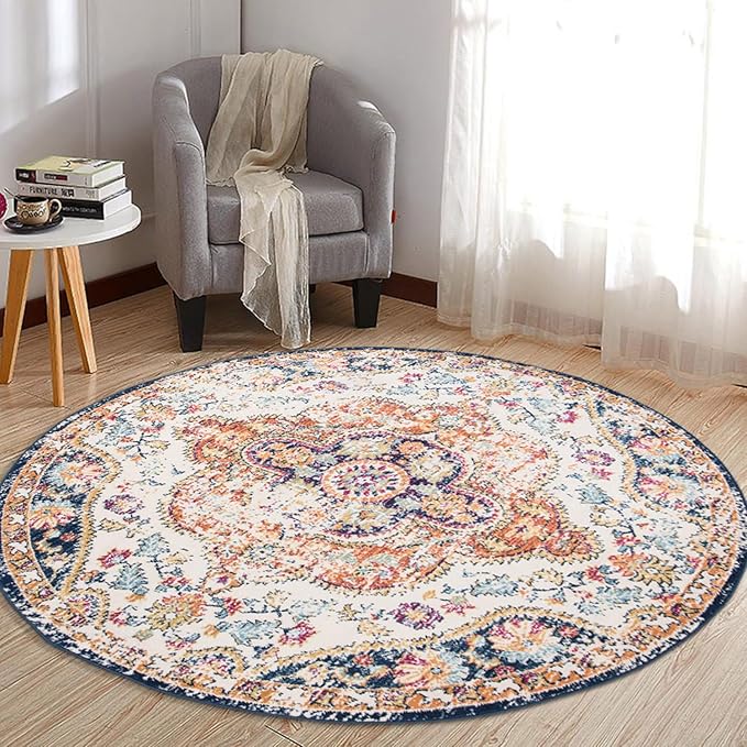Rugshop Vintage Distressed Bohemian Area Rug for Living Room,Bedroom,Dining Room– Vibrant Multi-Color Tribal Design, 8' Round