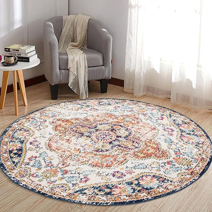 Rugshop Vintage Distressed Bohemian Area Rug for Living Room,Bedroom,Dining Room– Vibrant Multi-Color Tribal Design, 8' Round