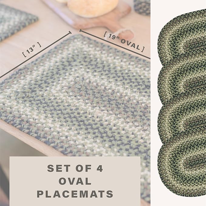 Homespice Pinecone Jute Braided Placemats, Warm Country Rustic Decor, Set of 4, Green 13x19 Oval Table Mats - Vibrant Colors, Durable, Easy to Clean and Protects Furniture