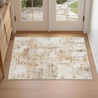 FMFUNCTEX Entryway Rug 2x3 Washable Brown Grey Modern Abstract Door Mat Non Slip Low Pile Indoor Carpet Soft Small Entrance Throw Rugs for Entrance Entry Bedroom Kitchen Bathroom Laundry, Grey Gold
