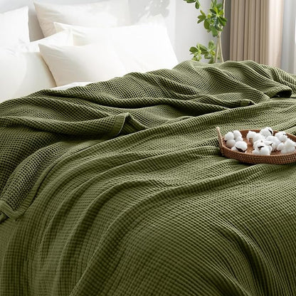 PHF 100% Cotton Waffle & Muslin Blanket King Size, Soft Breathable Luxury 400GSM Versatile Reversible Bedding for Bed, Great for Layering in Cold Weather, Home Decor Gift, 104" x 90", Olive Green