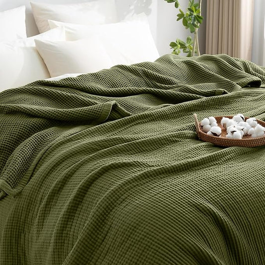 PHF 100% Cotton Waffle & Muslin Blanket Queen Size, Soft Breathable Luxury 400GSM Versatile Reversible Bedding for Bed, Great for Layering in Cold Weather, Home Decor Gift, 90" x 90", Olive Green