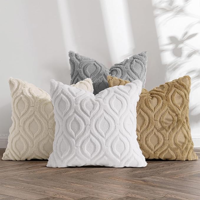 decorUhome Spring Throw Pillow Covers 20x20 Inch Set of 2, Soft Plush Faux Wool Beige Solid Couch Pillow Covers, Accent Farmhouse Neutral Square Pillow Cases for Sofa Bed Living Room