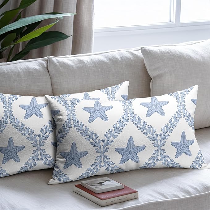 Coastal Pillow Covers 12x20 Set of 2 Ocean Starfish Pattern Decorative Light Blue Pillowcases Outdoor Beachy Throw Pillow Covers with Zipper Soft Cozy for Sofa Bed Chair Living Room Home Decor