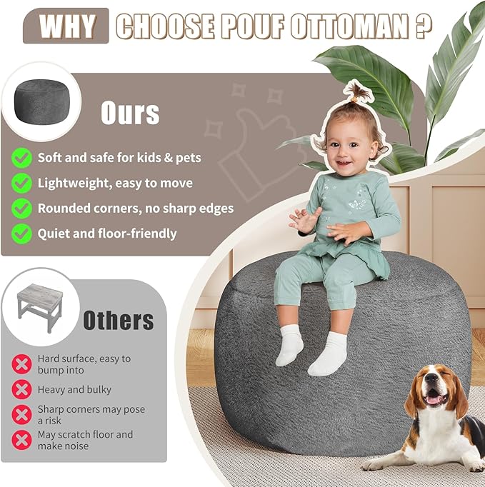 Round Pouf Ottoman Foot Rest, 29 X 18Inch Floor Poufs Footstool, A Round Modern Foam Filled Foot Stool for Living Room, Home, Nursery, Dorm, Outdoor (Grey, 29Inch)