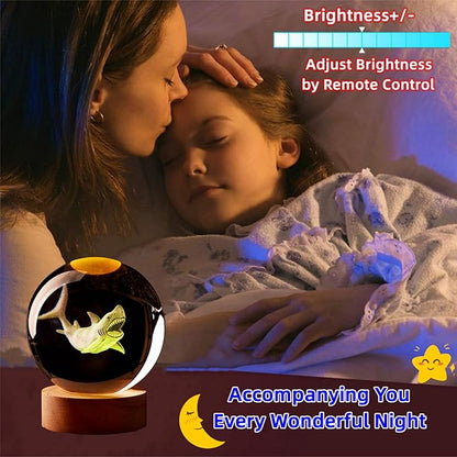Large Shark Crystal Ball Night Light with Woodern Base, 3D Crystal Lamp 16 Color Changing with Remote Control, Laser Engraved Glass Ball Lamp, Room Decor (Shark)